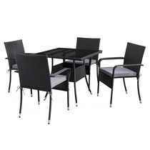 CorLiving Parksville 5-Piece Square Resin Wicker Patio Dining Set- Stackable Chairs - Black Finish/Ash Grey Cushions