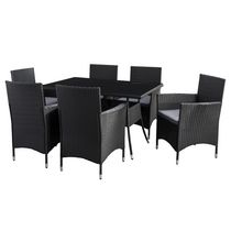 CorLiving Parksville 7-Piece Rectangle Resin Wicker Patio Dining Set - Black Finish/Ash Grey Cushions