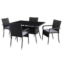 CorLiving Parksville 5-Piece Rectangle Resin Wicker Patio Dining Set- Stackable Chairs - Black Finish/Ash Grey Cushions
