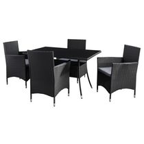 CorLiving Parksville 5-Piece Rectangle Resin Wicker Patio Dining Set - Black Finish/Ash Grey Cushions