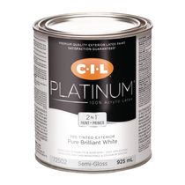 Peinture et apprêt acryliques extérieurs 2 en 1 pré-teintés CIL® Platinum™, blanc brillant pur / blanc, semi-lustré, 925 mL