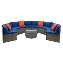 CorLiving Parksville 5-Piece Resin Wicker Patio Sectional Set- Blended Grey Finish/Oxford Blue Cushions
