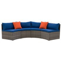 CorLiving Parksville 2-Piece Resin Wicker Patio Sectional Bench Set - Blended Grey Finish/Oxford Blue Cushions