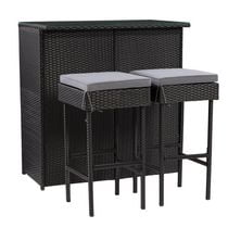 CorLiving Parksville Resin Wicker Patio Bar Set - Black Finish/Ash Grey Cushions