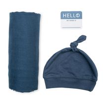 Lulujo Ensemble chapeau et couverture en bambou pour bébé nouveau-né Hello World Marine