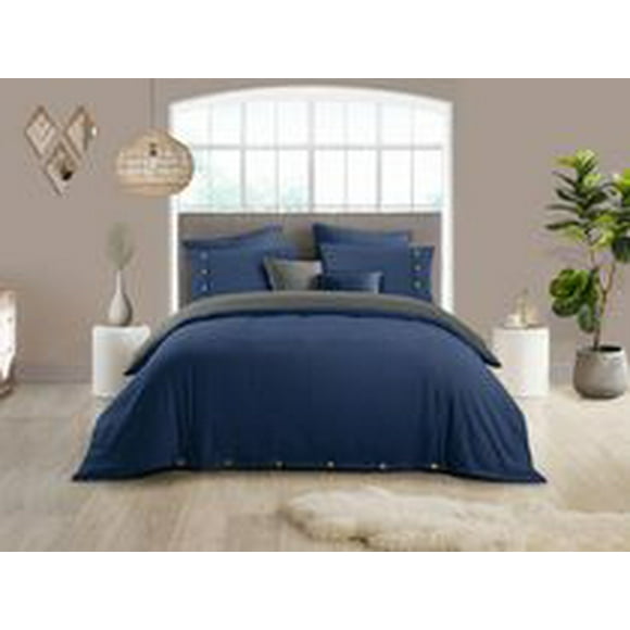 Reversible Natural Crinkle Fabric Ultra Soft Solid Duvet Cover Set - Beautiful Button Closure