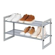 Mainstays Two-Tier Stackable Shoe Rack, Mesh Silver Shelves with wood frame, Stackable, 2 colors frame for option, one is mahogany frame, another is grey frame, Product assembled size:29.5 in. W x 12 in. D x 16 in. H
