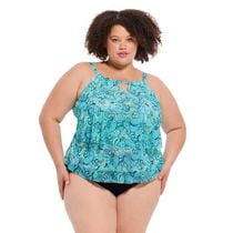 Krista Plus Women's Tiered High Neck Tankini W/Mesh Swim Top