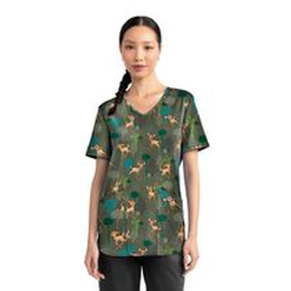Blouse médicale imprimée Doodle Wood de la collection Fashion Scrubstar pour femmes, à encolure en V, tailles XS–3XL