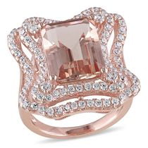 Bague cocktail de forme auréole Tangelo avec morganite synthétique et zircons cubiques 8,12 CT PBT en argent sterling plaqué de rhodium rosé