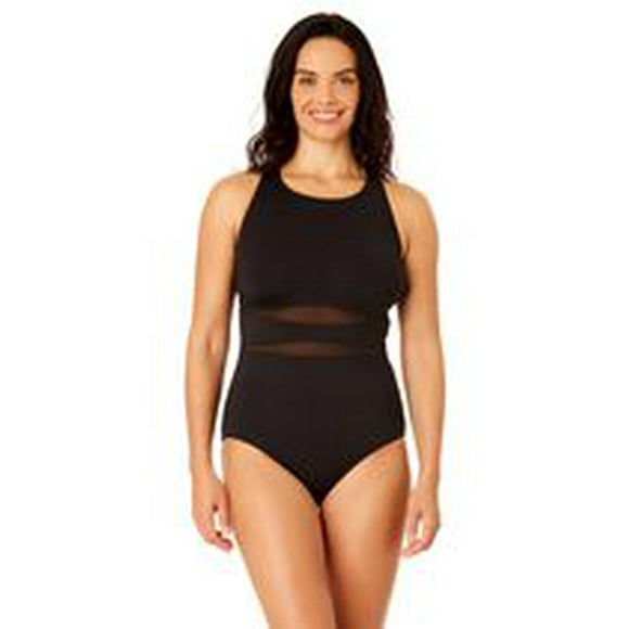 Lands' End Women's Size S-XXL Nylon Spandex High Neck One-Piece Swimsuit with Mesh Detail