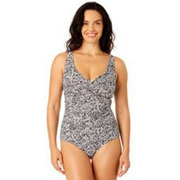 Lands' End Women's Size S-XXL Nylon Spandex V Neck One-Piece Swimsuit with Shirring Detail