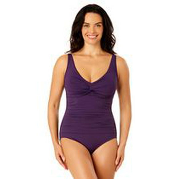 Lands' End Women's Size S-XXL Nylon Spandex V Neck One-Piece Swimsuit with Shirring Detail