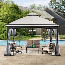 Sunjoy Katy 10.5 ft. x 13 ft. Gray and Black 2-tier Steel Gazebo with Mosquito Netting