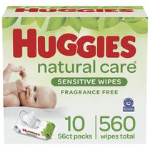 Lingettes pour bébés Huggies Natural Care pour peau sensible, NON PARFUMÉES, 10 emballages à couvercle rabattable, total de 560 lingettes