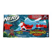 Nerf DinoSquad, blaster Tricera-blast, s'ouvre pour charger 3 fléchettes, inclut 12 fléchettes Nerf officielles, apparence de triceratops