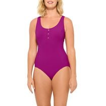 Krista Women's Scoop Neck Ribbed One Piece Swimsuit with Button Detail