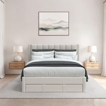 CorLiving Metro Beige Channel Tufted Upholstered Storage Platform Bed in Full/Double, Queen, and King