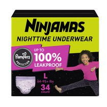 Ninjamas Nighttime Bedwetting Underwear Girl, Sizes S/M - L/XL, 34-44 Count