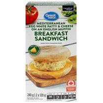 Sandwich-déjeuner Galette méditerranéenne au blanc d’œuf avec fromage sur un muffin anglais Great Value