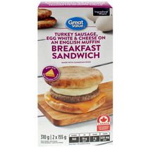 Sandwich-déjeuner Saucisse de dinde, blanc d’œuf et fromage sur un muffin anglais Great Value
