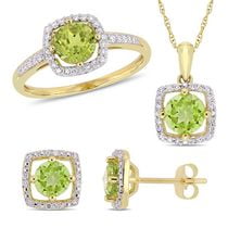 Miabella 3-Piece Set 2-7/8 Carat T.G.W. Peridot and 1/3 Carat T.W. Diamond 10K Yellow Gold Square Halo Earrings, Necklace and Ring