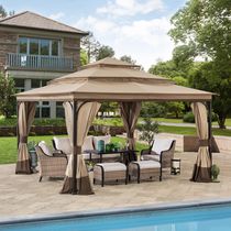 Sunjoy Darien 13 ft. x 13 ft. Brown Steel Framed Gazebo with 3-tier Tan ...