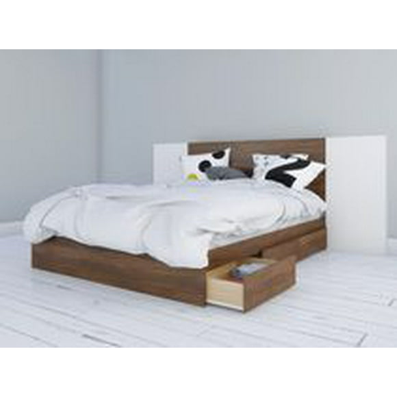 Nexera Foliage Storage Bed and Headboard with 2 Extension Panels, Walnut and White