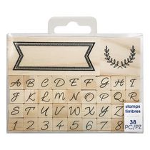 Wood Mounted Rubber Stamp set - Script Alphabet and Leaf Border