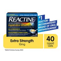 Reactine Extra fort, gélules antiallergiques/antihistaminiques, chlorhydrate de cétirizine à 10 mg,  soulagement 24 h, 40 unités