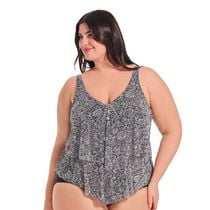 Krista Plus Women's V Neck Mesh Tiered Ruffle Tankini Swim Top