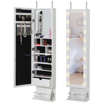 HOMCOM Armoire à bijoux montée sur porte murale, Armoire à bijoux avec 18 lumières LED, organisateur de rangement pour miroir de porte pour accessoires avec étagères de rangement, tiroir, blanc