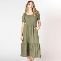 Devoted short puffed sleeve calf length tiered dress, Calf length tiered dress