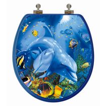 TopSeat High Res 3D Image Dolphin Family Round, Regular Lid Closure Chromed Metal Hinges Toilet Seat